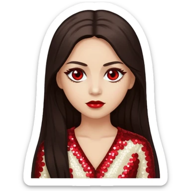 Bloody Mary with light skin, long dark brown hair, red eye, ivory sequin outfit sticker