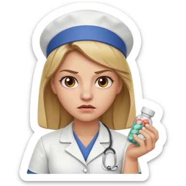 angry dark blonde nurse with a pills sticker