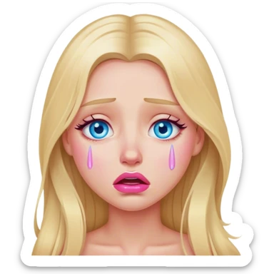 A beautiful blonde girl with long hair, blue eyes, pink lips is crying sticker