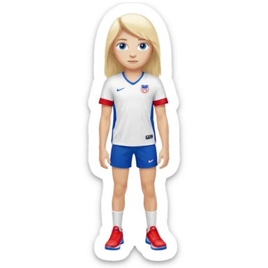 Blond long hair blue eyes tall long lashes wearing a red white and blue jersey that says USA with white shorts and Nike blazers sticker
