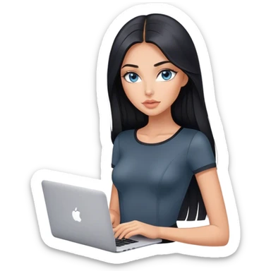 Glamours tanned very beautiful girl with pump peach nude lips and black straight smooth long hair, blue-grey eyes in beautiful short sleeves black bodysuit with MacBook sticker