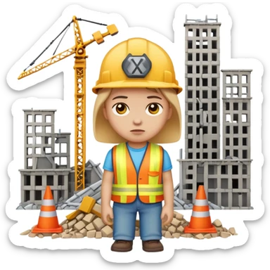 apple style emoji of a child looking guilty next to a broken city construction set sticker