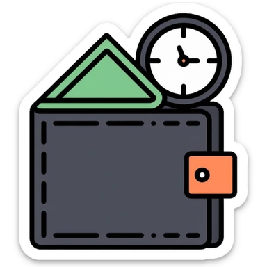 black wallet with dollars inside and a small clock in top right corner positioned above the wallet sticker