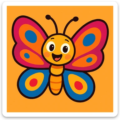 a butterfly in vibrant cartoon style with colorful wings and a cheerful expression sticker