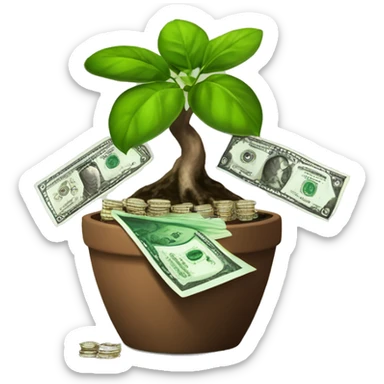 a plant in a brown pot of diamonds growing a mini bonsai tree with dollar bills as the foliage the plant is growing money the leaves of the plant are money sticker