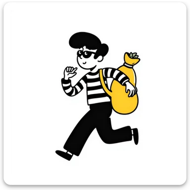 black and white striped robber man carrying a yellow bag of money, hand-drawn doodle style sticker