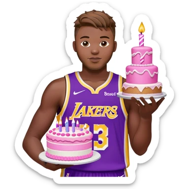 Luka Doncic wearing his Lakers jersey holding a pink pretty birthday cake sticker