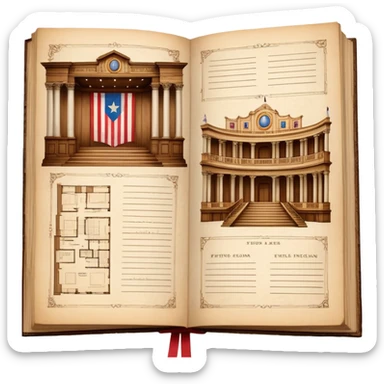 Open antique book with clearly visible detailed stage design sketches spread across both pages, showing theater elevation drawings and floor plans, Puerto Rican flag colors in the sketches, wooden bookmark sticker