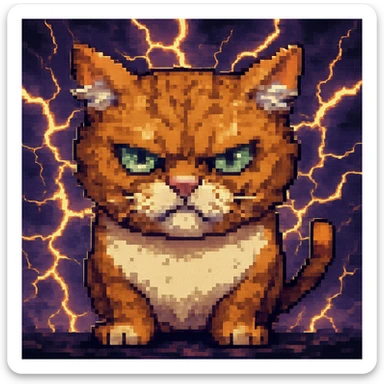 Add a dramatic lightning background behind the angry cat in the style of pixel art. Keep the pixel art style look. sticker