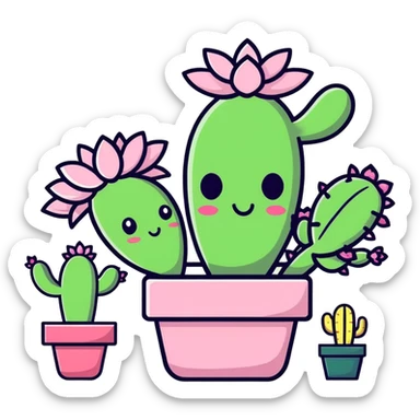 A pink face with cactuses all around that and the flowers that are blooming on the cactuses and sticker