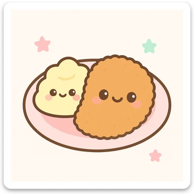 plato de milanesa con puré, el puré junto a la milanesa en el mismo plato, a modo de acompañamiento, comida simpática y adorable sticker