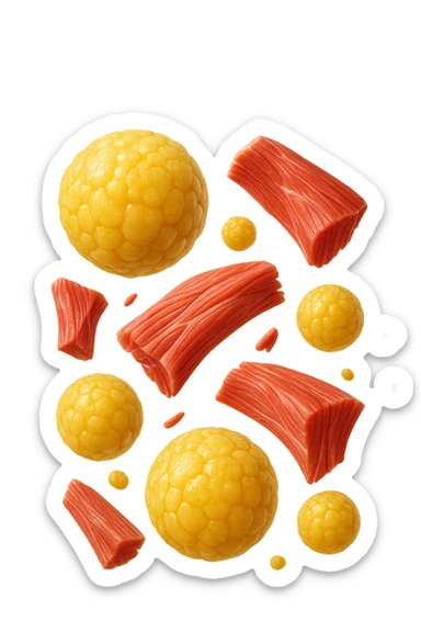 cellule di grasso gialle fluttuano in aria insieme a porzioni di tessuto muscolare umano realistico sticker