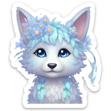 Anthro Cute Cool Pastel Kawaii gorgeous sparkly ethereal fantasy animal creature with blue eyes furry sona with flowers and ribbons beautiful aesthetic sticker