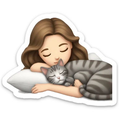 White girl brown hair sleeping with light grey kitty sticker