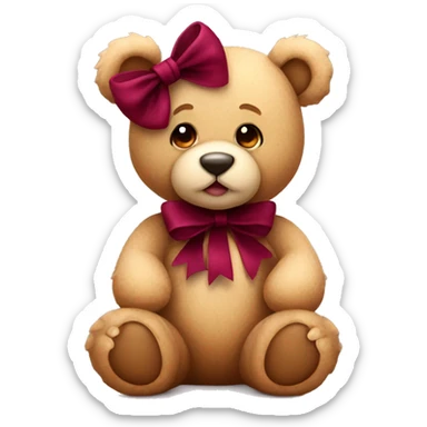 Cute sitting teddy bear with burgundy bow sticker