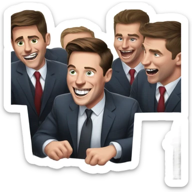 Musk in the treasury department laughing with devil horns coming out of his skull and in background young college guys on computers with eyes bulging out and looking frantic while typing fast sticker