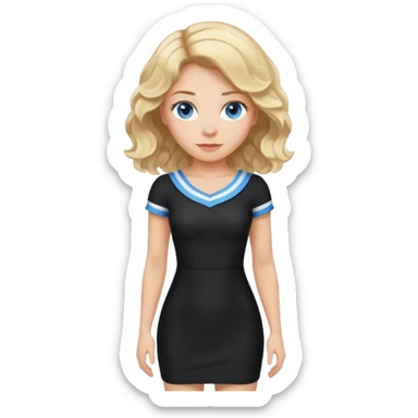 woman with blond wavy hair, tight black dress with a white line at the top, blue eyes, standing pose sticker