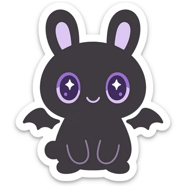 kawaii style gothic bunny, cute face, black fur, purple eyes, tiny bat wings, playful and mysterious sticker