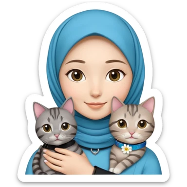 Asian White girl wearing flower (hijab)  holding a black grey tabby cat while smiling.  The cat is wearing a blue collar sticker