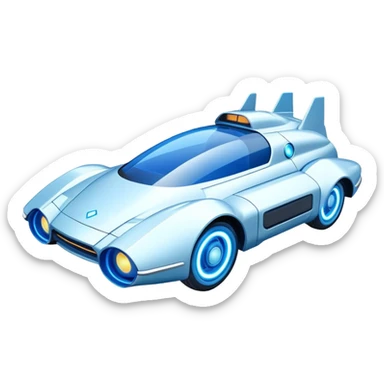 Futuristic retro hover car with angular design and glowing blue wheels, flat vector style, minimal color palette with blue highlights sticker
