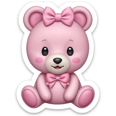 A cute pink teddy bear emoji style, soft plush texture, big round eyes, a sweet smile, wearing a large bow on its head. The bow is pastel pink or white, and the teddy looks cuddly and friendly. Minimalist emoji-style design, clear outlines, centered, white background."
 sticker