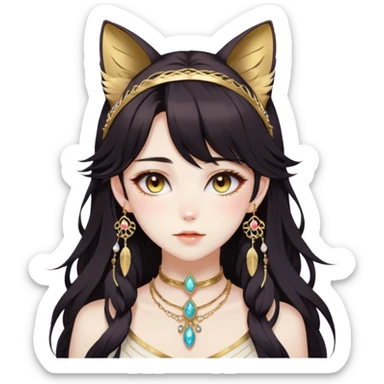 Beautiful gorgeous anime lady with beautiful dark-brown-special-hair, fashion aesthetic, ethereal, feather, accessories, gold jewelries, gold, colorful, feline ears sticker
