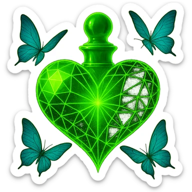 Modify the bottle shape to be less elongated and more compact, while keeping it impressive and luxurious. Retain the heart motif, neon green color, strong glowing aura, and butterflies. The image should have a transparent background. Maintain the neon green glowing style and luxurious feel as in the reference. sticker