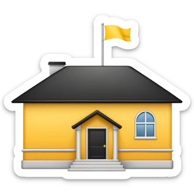 simple school, white background, magic school, black roof, with a big flag, big flag on a roof, big yellow flag, white school sticker