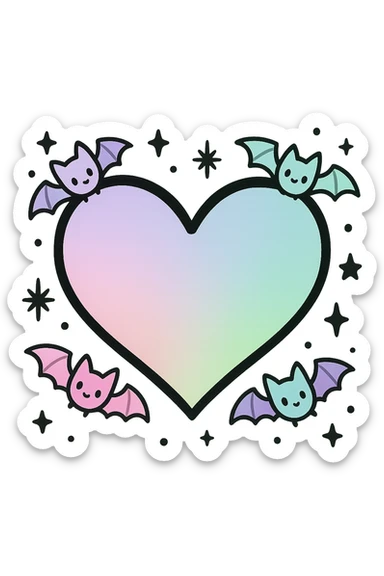 Remove the background, keep the pastel goth heart with pastel bats and black stars, transparent background. sticker