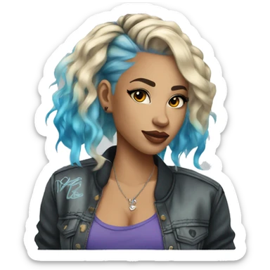 Lady wearing trendy graffiti street clothes with blonde hair with highlights and a blue dyed hair streak and tattoos sticker