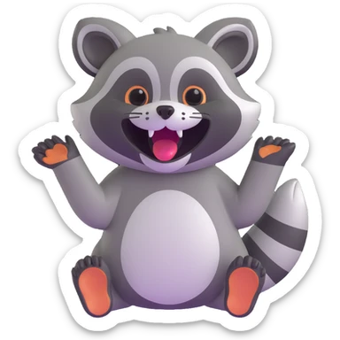 raccoon laughing with tears of joy, waving one paw, bright colors sticker
