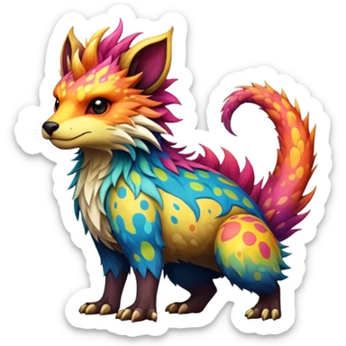 a colorful edgy vernid-fionbri-creature with splash patterns full body sticker