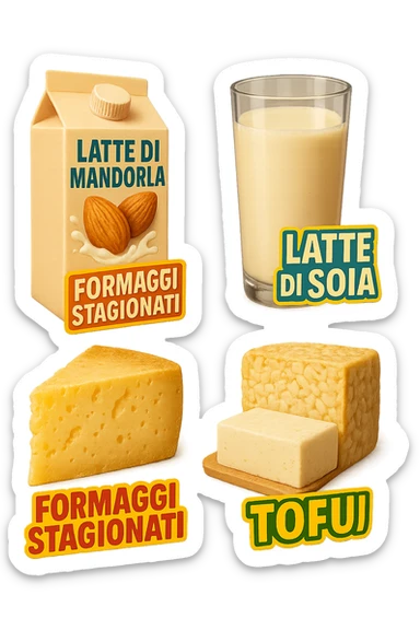 emoji stile iphone 3d di Latte e yogurt delattosati in italiano
Latte di mandorla (non zuccherato)
Latte di soia da proteine isolate
Formaggi stagionati (es. parmigiano)
Tofu compatto e tempeh
 che fluttuano in aria, iperealistico 4k sticker