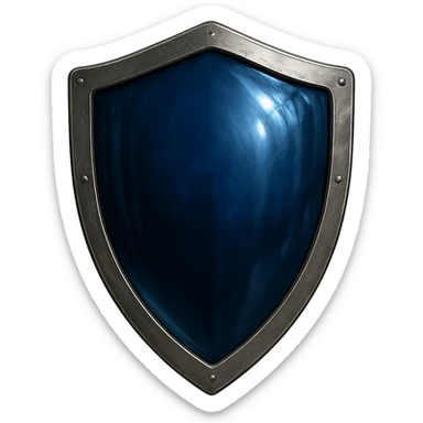 shield facing directly forward with a deep blue shiny glass-like center, metallic border, no point in the middle of the top, no symbols, no sword, transparent background, match the style of a reference image sticker