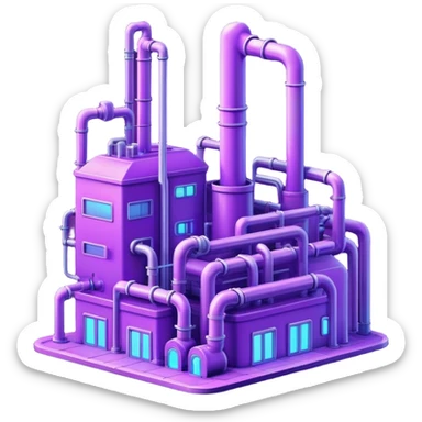 AI-powered factory. It should be a building with pipes. Add violet neon glowing symbolizing power of AI sticker