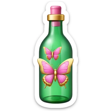 bright detailed green bottle with gold and pink butterflies, emoji style sticker