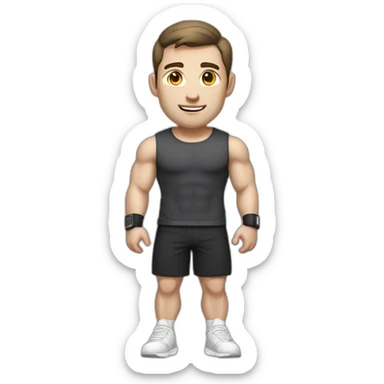 Pale skinned Fit Man With the biceps and dark brown hair in black shirt, gray sports shorts and white Sneakers sticker