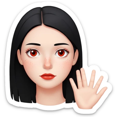 young woman with straight black hair, minimal makeup, and scattered red freckles sticker