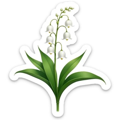 Botanically accurate lily of the valley with large oval basal leaves pointing upward, and a central stem with small white bell-shaped flowers hanging to one side sticker