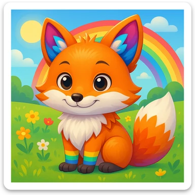 Add a colorful outdoor background, like a sunny meadow with flowers, to the cute fox with a rainbow in emoji style. Maintain the emoji style look. sticker