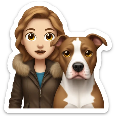 white woman with long brown hair in a furry jacket standing alongside a white pitbull with one brown patch around his eye sticker