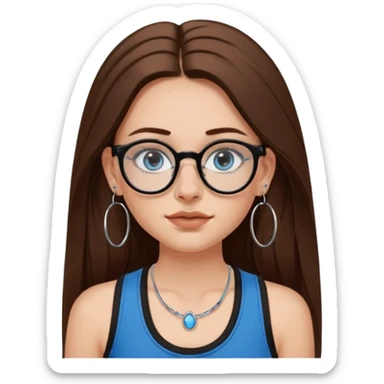 White girl with long brown hair, part going more to the RIGHT side, BLUE eyes, wearing BLACK plastic frame glasses. SEPTUM nose piercing hoop (at bottom of nose) AND stud nose piercing on right side of nose. Wearing BLACK tank top. Wearing big hoop earrings. No necklace! sticker