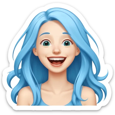 White 30 year old woman with long sky blue hair laughing hysterically  sticker