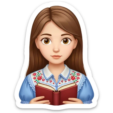 A Ukrainian girl with brown hair in an embroidered shirt reads a book sticker