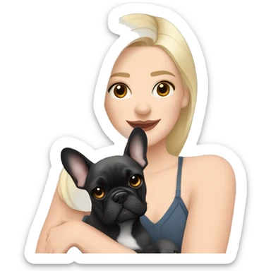  blonde Woman hugging a black brindle French bulldog and a dark gray french bulldog sticker