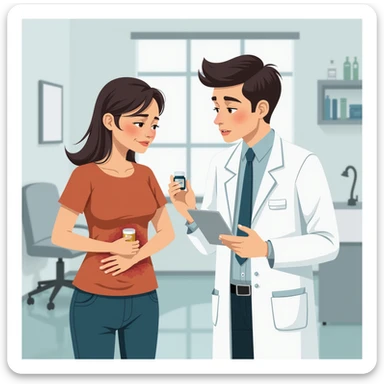realistic illustration of a doctor in a white coat prescribing medicine to a patient holding their stomach or head in pain, the doctor appears detached, clinic background, atmosphere suggesting medicine only covers symptoms sticker