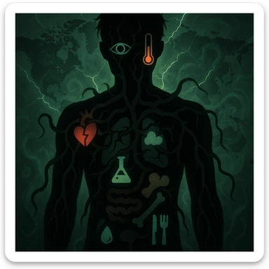 semi-realistic, medical-fantasy human silhouette, parasite tendrils reach organs, each organ with a medical symbol (⚡, 💔, 💨, 🧪, 💩, 🦴, 🌡️, 👁️, 💧, 🍽️), world map, glowing cracks, green mist sticker