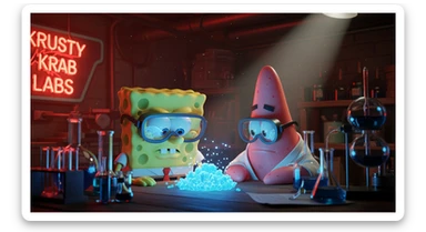 3D cienmatic cartoon shot, spongebob and patric dress in safety glasses and safe white outfit, the are standing front of table with blue crystals on table glowing (light source) science room in basement, back light, Cinema 4d render, proffesional lightning sticker
