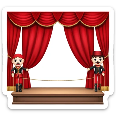 Icon for Puppet Theater: a puppet stage with curtains and marionettes performing on stage. The icon should represent the charm and artistry of puppet theater, with focus on the puppet and the stage setting. Transparent background. sticker