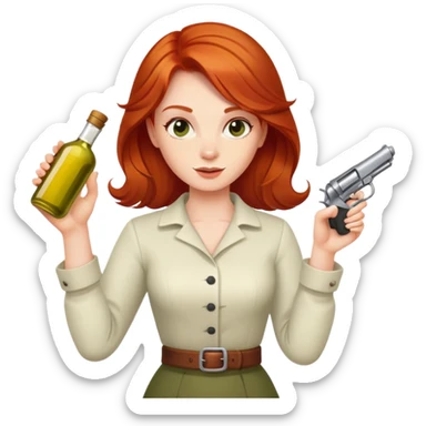 redhead person holding olive oil bottle like a pistol, playful pose sticker